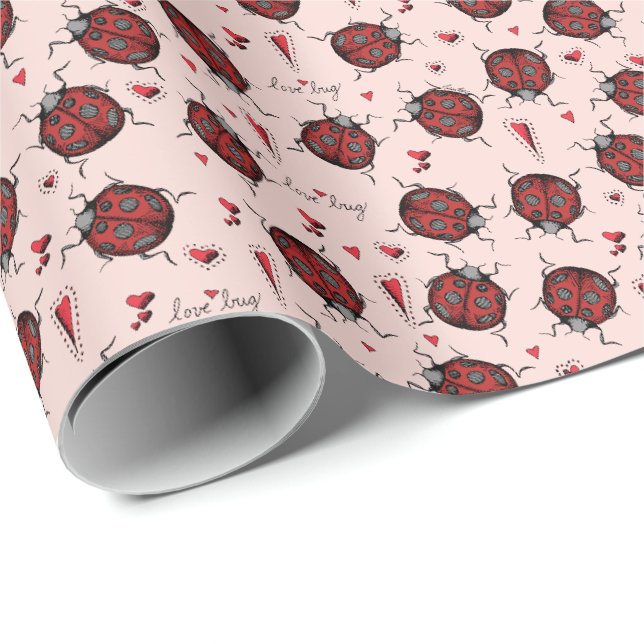 Papier Cadeau Joli Blush Rose Ladybug Love Bug & Red Heart Kids (Coin rond)