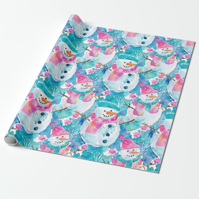 Papier Cadeau Joli bonhomme de neige motif aquarelle turquoise (Déroulé)
