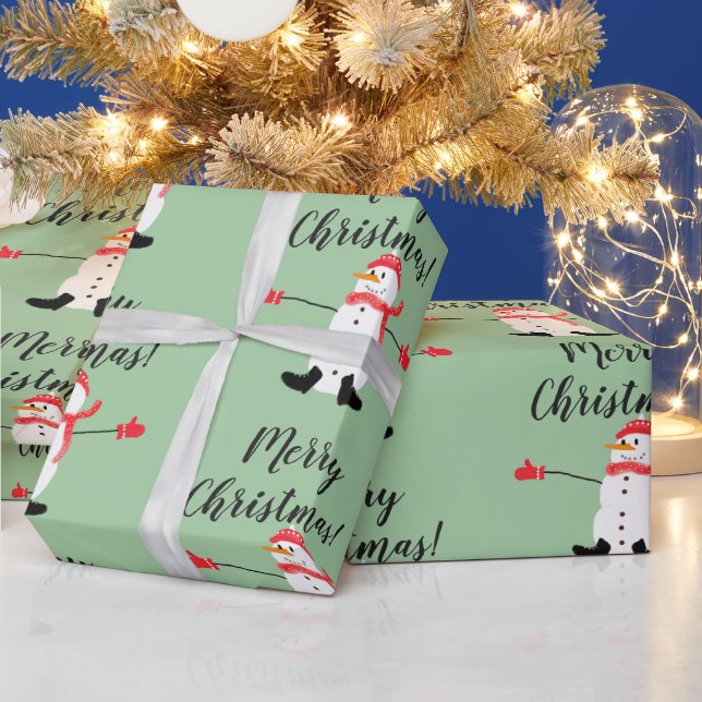 Papier Cadeau Joli bonhomme de neige sur Sage Green Joyeux Noël (Vacances)