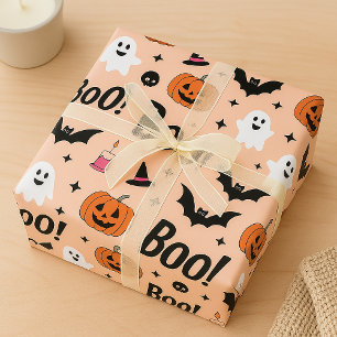 Papier Cadeau Joli "Boo !" Fantômes d'Halloween et Motif Citroui