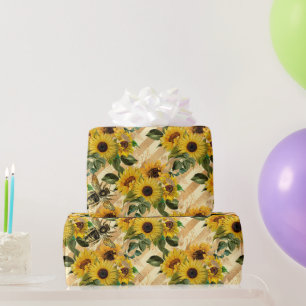 Papier Cadeau Joli Bouquet de tournesol jaune or Abeilles rayée