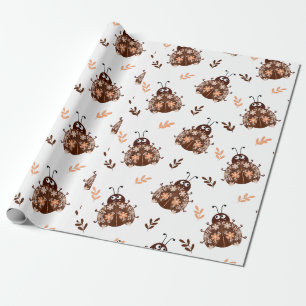 Papier Cadeau Joli Brown et beige Ladybug et Motif de fleurs