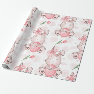 Papier Cadeau Joli Bunny Pâques Rose
