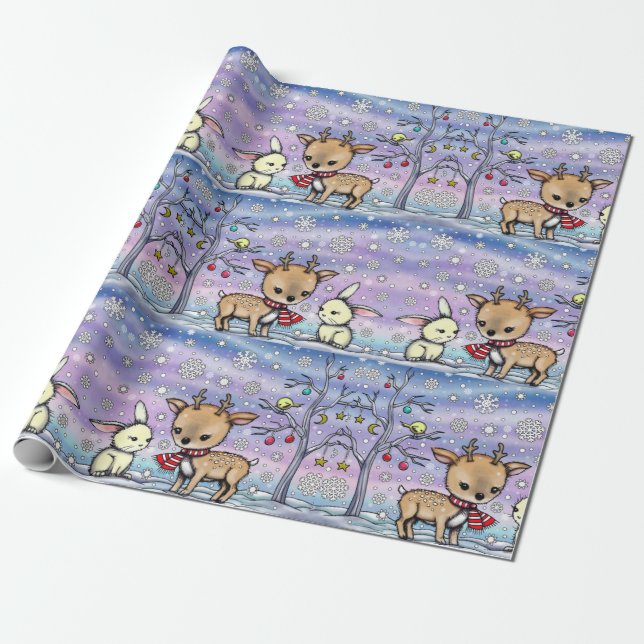 Papier Cadeau Joli Cadeau Illustré Cerf et Lapin Vacances (Déroulé)