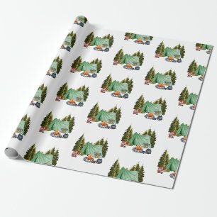 Papier Cadeau Joli Camping Thème Feu de Campement, Tente, Forêt