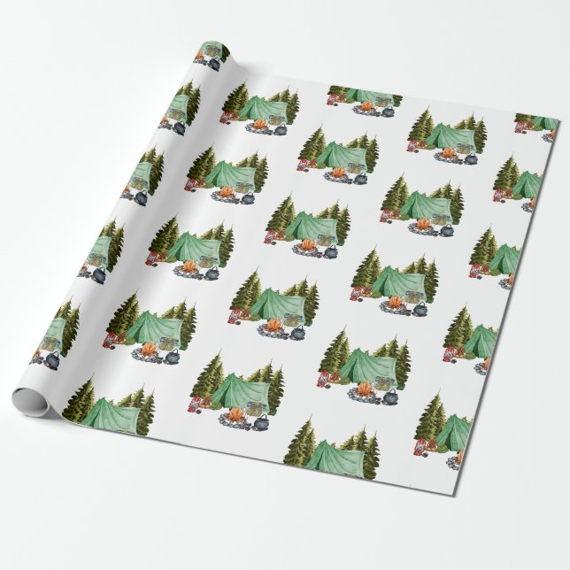 Papier Cadeau Joli Camping Thème Feu de Campement, Tente, Forêt (Déroulé)