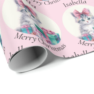 Papier Cadeau Joli Chat de Noël Grand Ruban Rose Ajouter Nom