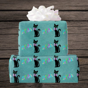 Papier Cadeau Joli Chat Noir Milieu de Siècle Rose Bow Noël