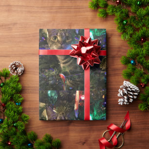 Papier Cadeau Joli chat tigré dans l'arbre de Noël