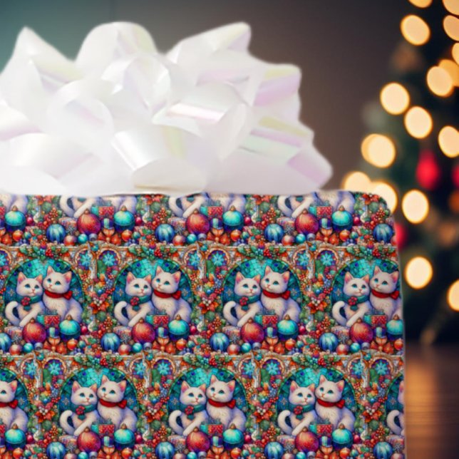 Papier Cadeau Joli chats de Noël colorés Motif en verre tendu (Créateur téléchargé)
