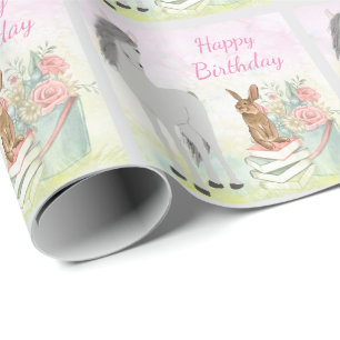 Papier Cadeau Joli cheval, lapin et fleurs Joyeux anniversaire