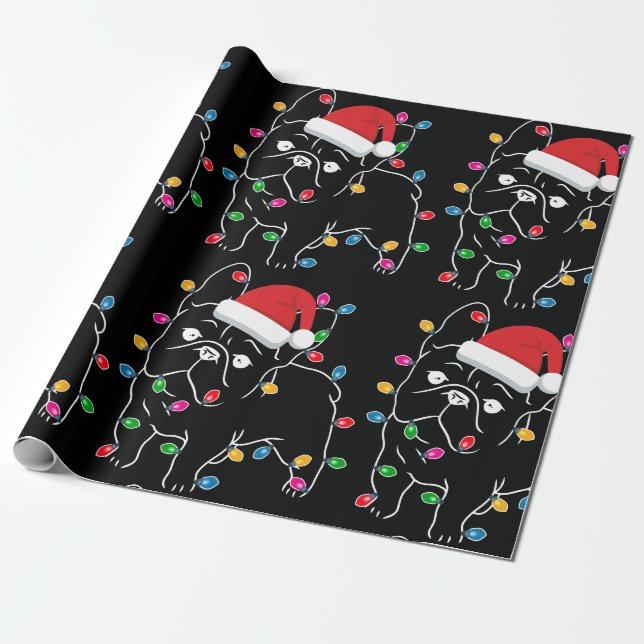 Papier Cadeau Joli chien Carlin avec lumière de Noël (Déroulé)