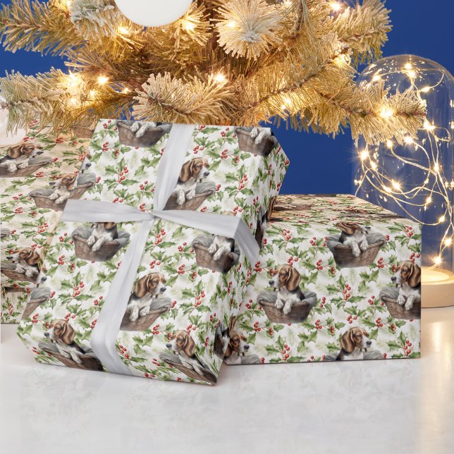 Papier Cadeau Joli chiot Beagle dans le panier Noël Holly (Vacances)