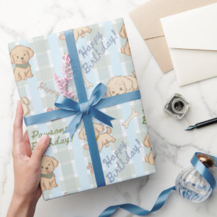 Papier Cadeau Joli chiot pastel bleu beige joyeux anniversaire