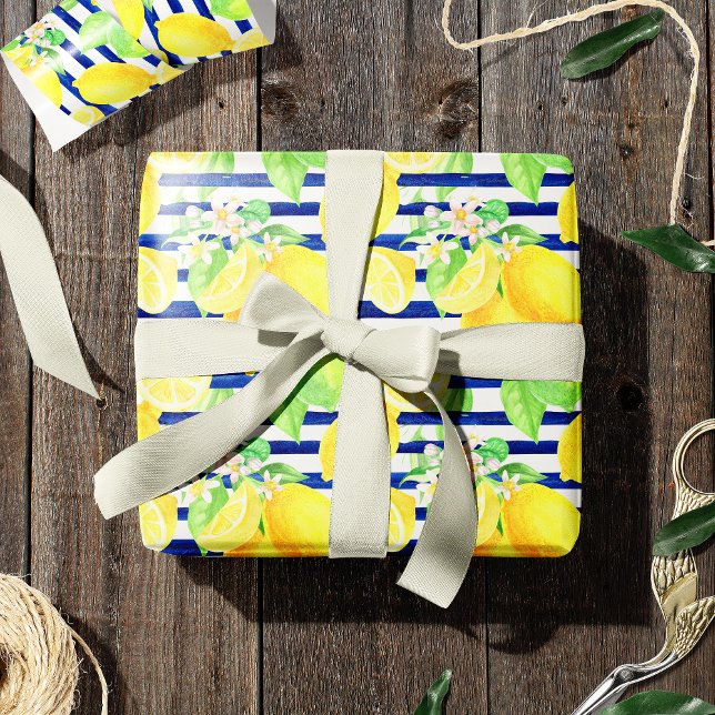 Papier Cadeau Joli citrons aquarelle sur bandes bleues (Créateur téléchargé)