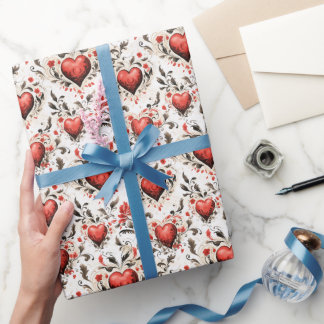Papier Cadeau Joli Coeurs rouges et Fleurs Vintages