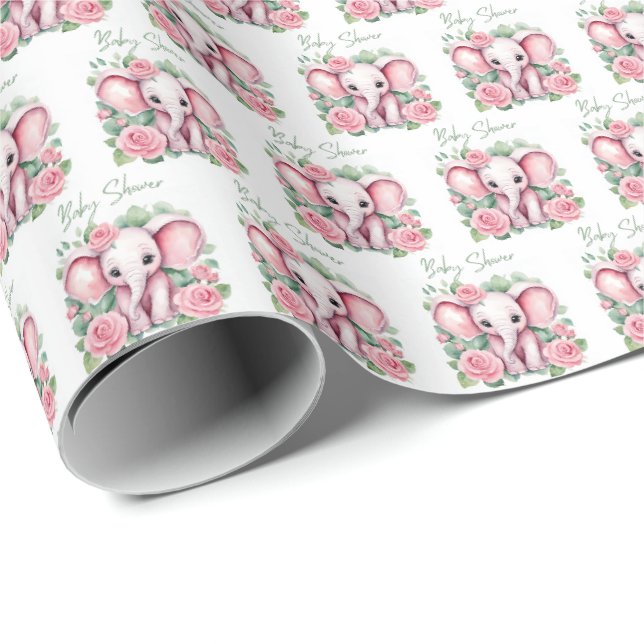 Papier Cadeau Joli Eléphant rose bébé fille Baby shower envelopp (Coin rond)