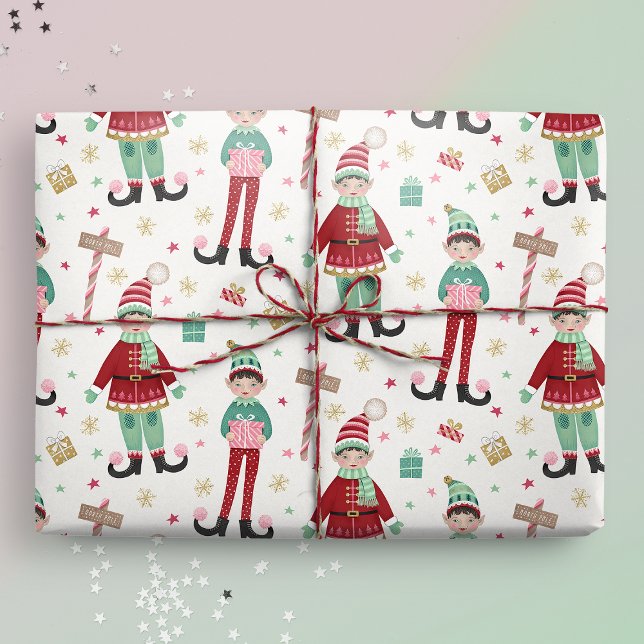 Papier Cadeau Joli elfe de Noël illustré (Christmas Elf wrapping paper mockup)