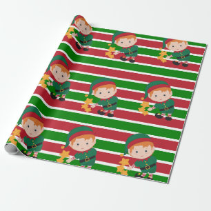 Papier Cadeau Joli elfe Rouge et Vert rayures Noël