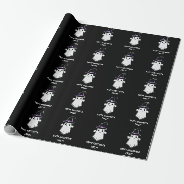 Papier Cadeau Joli Fantôme Avec Chapeau De Sorcière Joy Hallowee (Déroulé)
