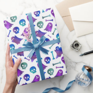 Papier Cadeau Joli Fantôme Violet Halloween Crâne Bleu Effrayant