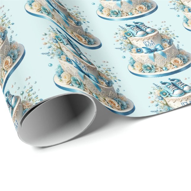 Papier Cadeau Joli gâteau baby shower pour garçons carrelé (Coin rond)