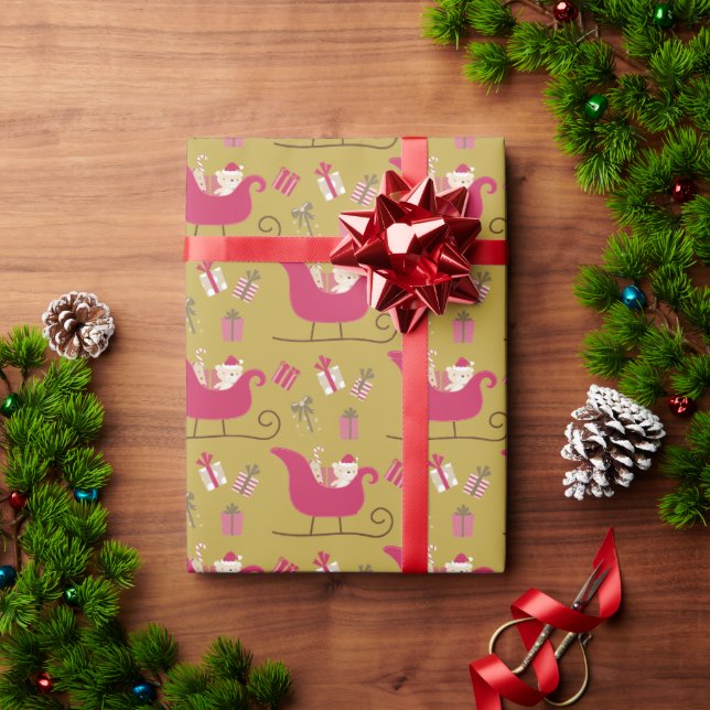 Papier Cadeau Joli Gold & Red Père Noël Sleigh Kids Noël (Cadeau de vacances)