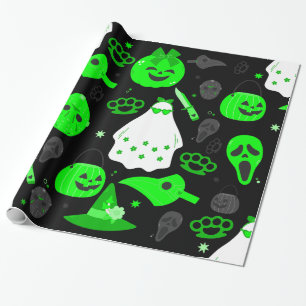 Papier Cadeau joli halloween floral ghost acide vert