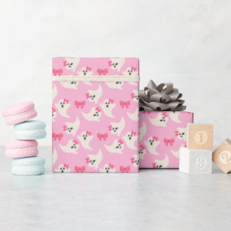 Papier Cadeau Joli Halloween rose avec des fantômes et des nœuds