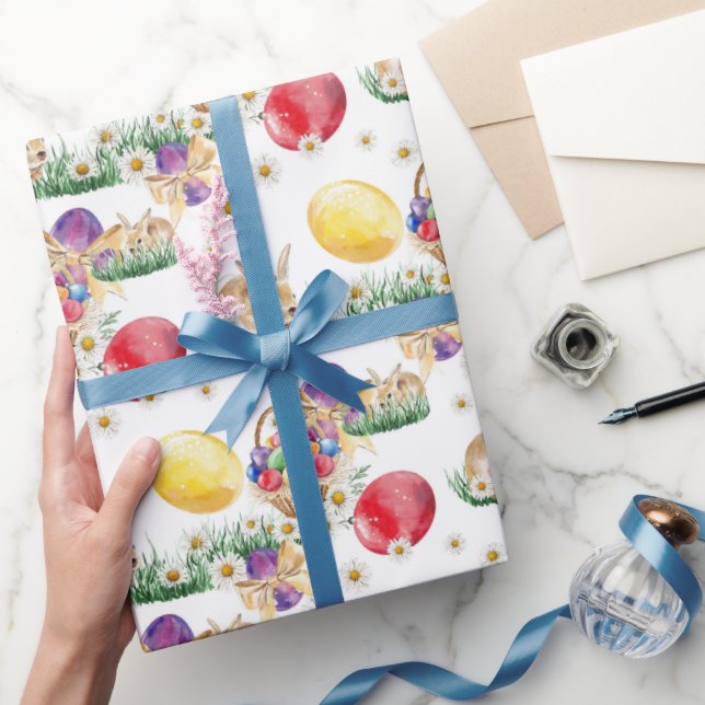 Papier Cadeau Joli lapin de Pâques et paniers de fête enveloppé  (Cadeaux)