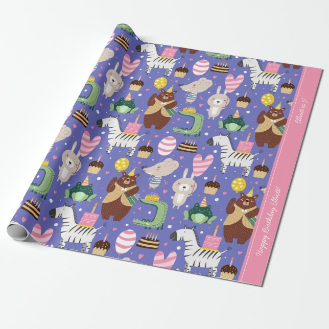 Papier Cadeau Joli Motif animal Anniversaire Texte personnalisé (Déroulé)