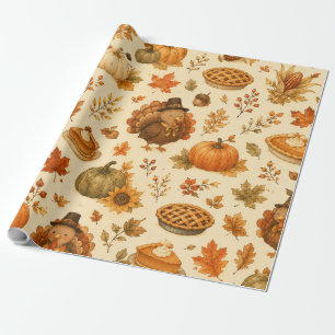 Papier Cadeau Joli motif aquarelle de Thanksgiving avec des dind