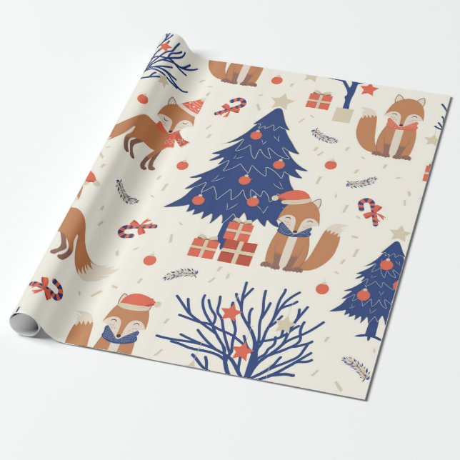 Papier Cadeau Joli Motif Christmas Fox (Déroulé)