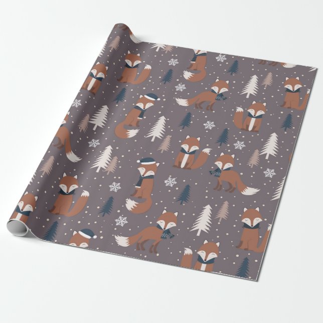 Papier Cadeau Joli Motif Christmas Fox (Déroulé)