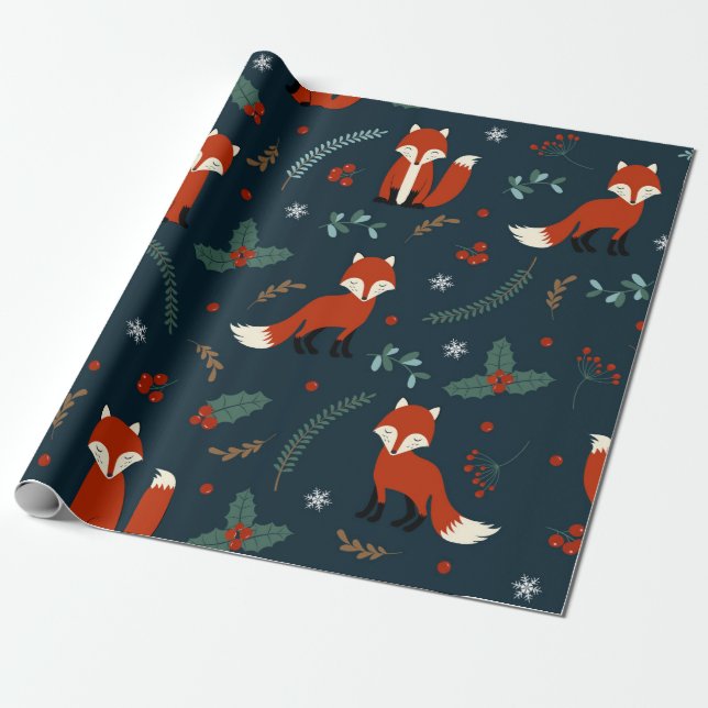 Papier Cadeau Joli Motif Christmas Fox (Déroulé)