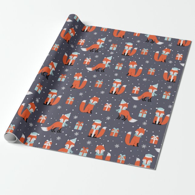 Papier Cadeau Joli Motif Christmas Fox (Déroulé)