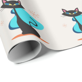 Papier Cadeau Joli motif de chat noir rétro atomique des années 
