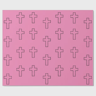 Papier Cadeau Joli motif de croix contour sur fond rose