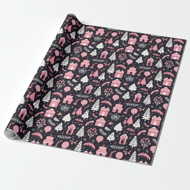 Papier Cadeau Joli motif de Noël rose (Déroulé)