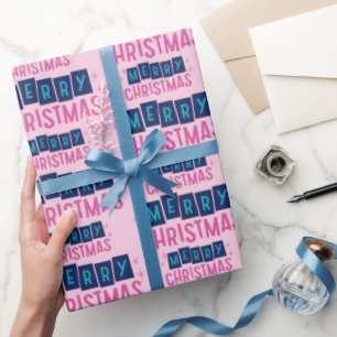 Papier Cadeau Joli Motif de Noël rose et bleu joyeux