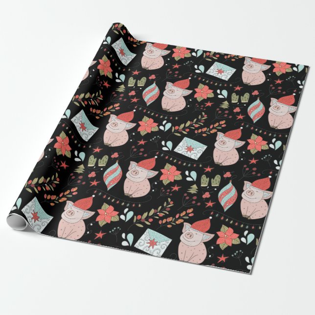 Papier Cadeau Joli Motif de porc de Noël (Déroulé)