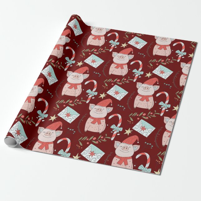 Papier Cadeau Joli Motif de porc de Noël (Déroulé)