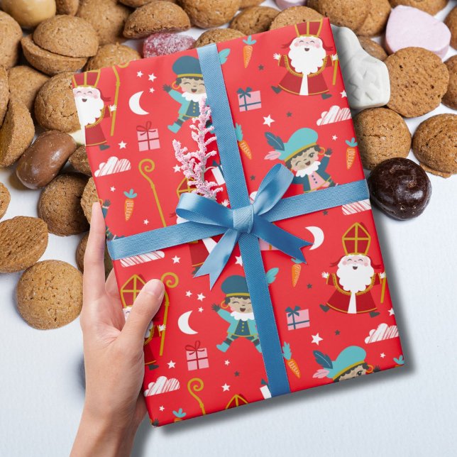 Papier Cadeau Joli motif de Sinterklaas et Piet sur fond rouge (Créateur téléchargé)
