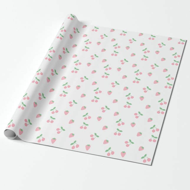 Papier Cadeau Joli Motif esthétique aux fraises de cerise rose (Déroulé)