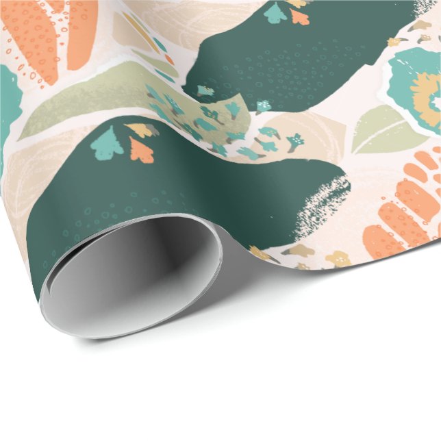Papier Cadeau Joli motif floral Abstrait Aqua Green Orange (Coin rond)