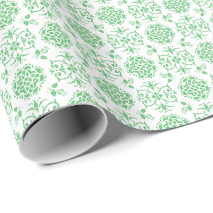 Papier Cadeau Joli motif floral de style damassé vert et blanc