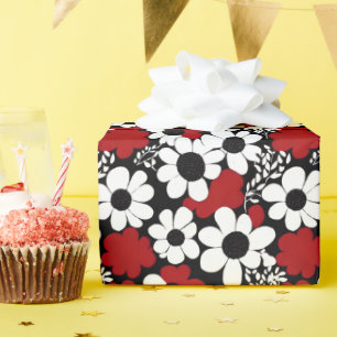 Papier Cadeau Joli motif floral en rouge, noir et blanc