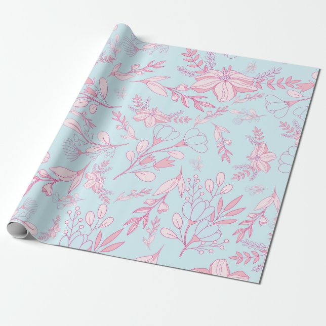 Papier Cadeau Joli motif floral féminin rose et bleu (Déroulé)