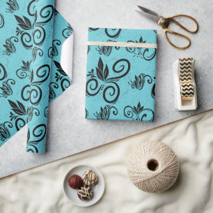 Papier Cadeau Joli motif floral noir vintage cyan