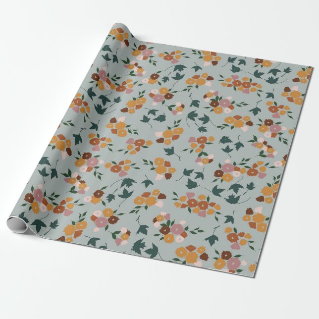 Papier Cadeau Joli motif floral sur Arrière - plan bleu clair (Déroulé)